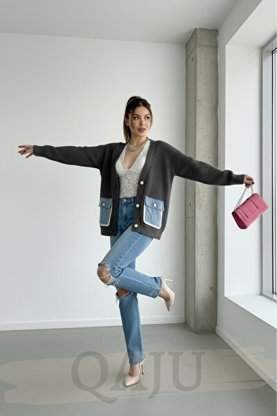 Qaju Women's Jean Pocket Buttoned Knit Cardigan – Anthracite Blue