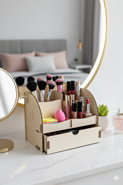 Simux منظم خشبي منحني بثلاثة أقسام مع أدراج لسطح المكتب - حامل أقلام ومجوهرات...