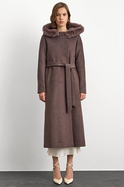 Olcay Fur Hooded Waist Tied Long Coat Latte 3107