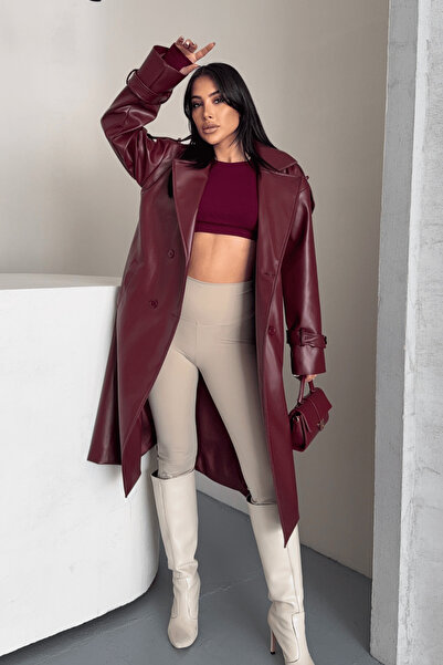 giyimmasalı Faux Leather Fabric Short Jacket - Bordo