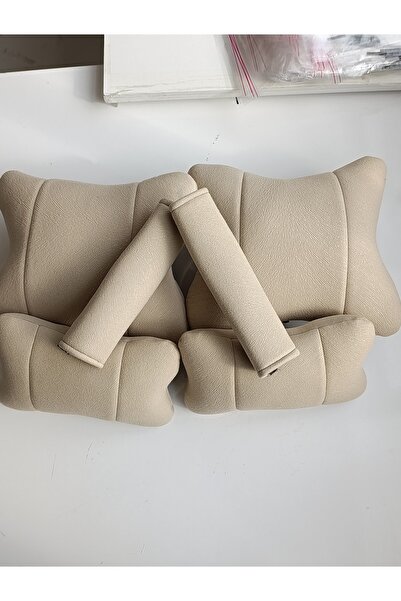 Autosar Krem rengi tay tüyü kumaştan oto boyun yastığı+bel yastığı+emniyet ke...