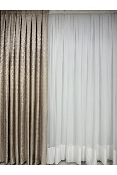 perkoz Labirent Desen Krem Fon Perde 1/3 Sık Pile