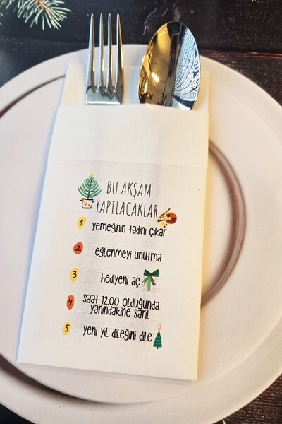 PEKSHOP Kumaş Dokulu Beyaz Yılbaşında Yapılacaklar Baskılı Cepli Yılbaşı Peçe...