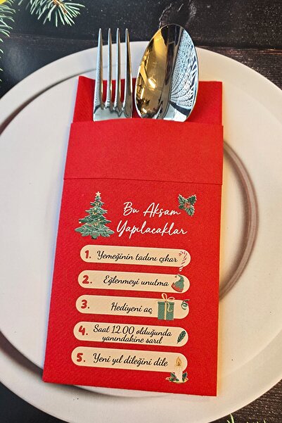 PEKSHOP Kumaş Dokulu Kırmızı Yılbaşında Yapılacaklar Tasarım Baskılı Cepli Yılbaşı Peçetesi 6lı Paket