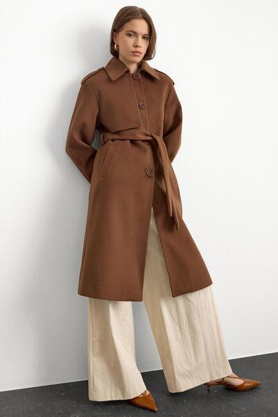 Olcay Premium Coat with Shirt Collar and Punto Stitch Detail Tütün 3125