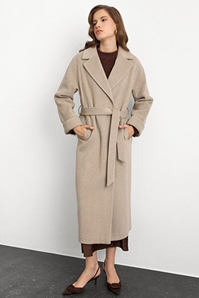 Olcay Oversize Premium Coat with Knitted Stitch Detail Stone Melanj 3108