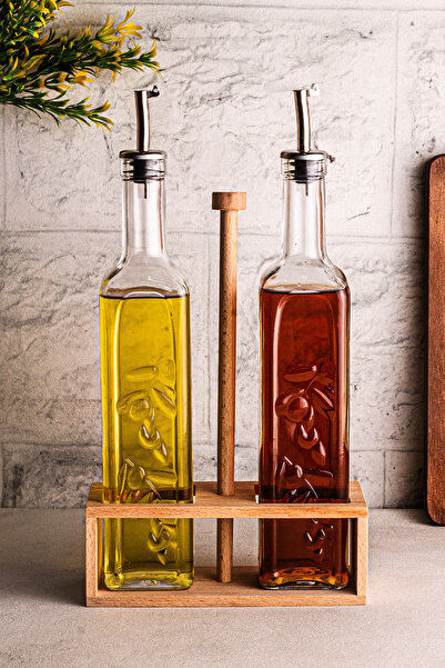 Snippy Verra - 2'li Ahşap Tutmalı Standlı Cam Yağdanlık Damlatmaz Yağlık Sirkelik Zeytinyağı Şişesi 500ml