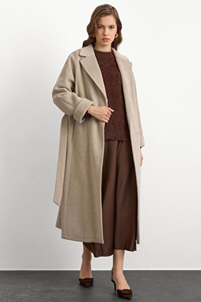 Olcay Oversize Premium Coat with Knitted Stitch Detail Stone Melanj 3108