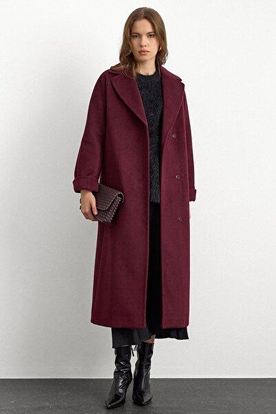 Olcay Oversize Premium Coat with Knit Stitch Detail Mürdüm 3108