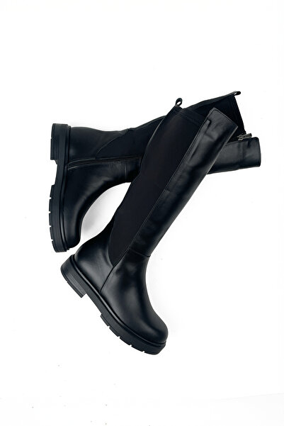 RABU حذاء نسائي أسود من الجلد الطبيعي مع قماش مطاطي من الخلف