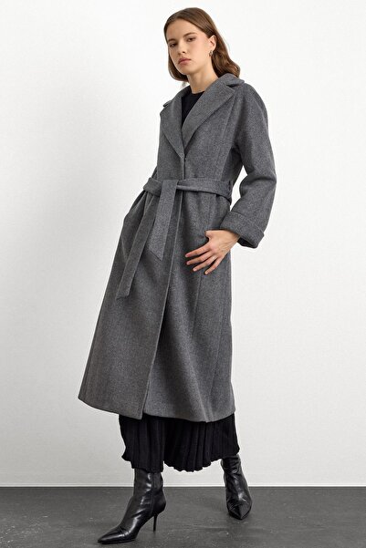 Olcay Oversize Premium Coat with Knit Stitch Detail Dark Gray 3108