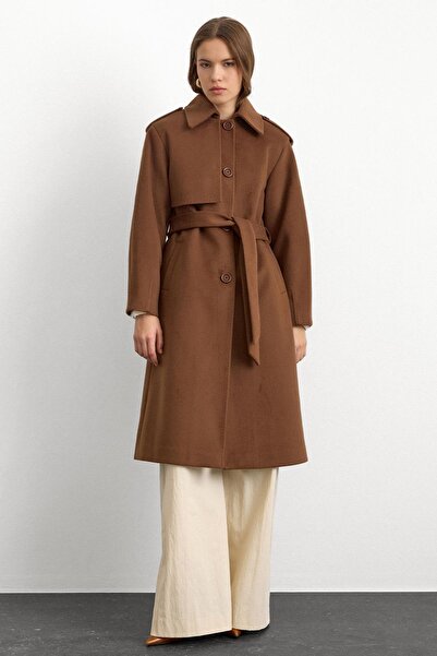 Olcay Premium Coat with Shirt Collar and Punto Stitch Detail Tütün 3125