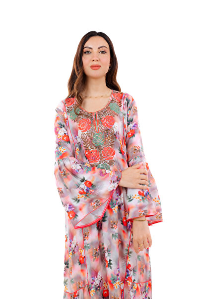 amaan Women's Luxury Floral Embroidered Jalabiya, Rayon Cotton Dress with Bell Sleeves, Arabic Style