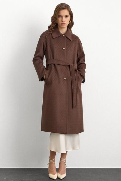 Olcay Reglan Sleeve Jacquard Pattern Limited Edition Coat Brown 3135