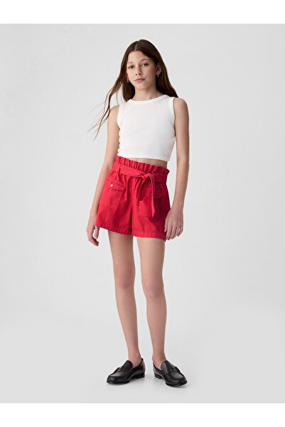 GAP Kız Çocuk Kırmızı High Rise Paperbag Denim Şort