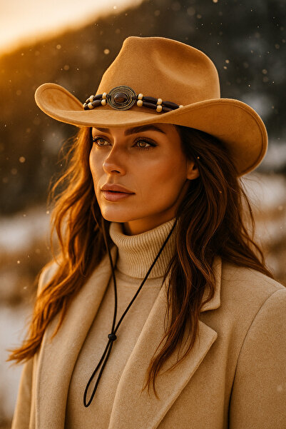 Luminos Butik Camel Suede Cowboy Fedora Hat – Western Model with Amber Stone Beads