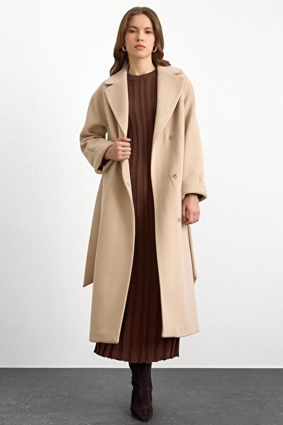 Olcay Oversize Premium Coat with Stitch Detail Beige 3108