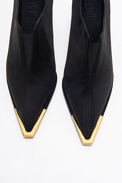 LuviShoes Niva Black Suede Gold Detailed Elastic Women's Ankle Heeled Shoes