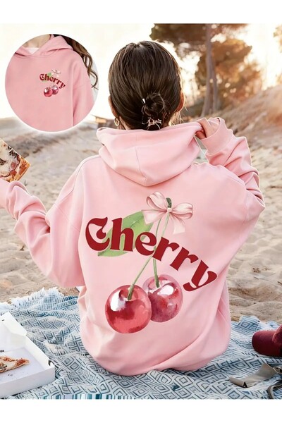 oneagılyazı Girl's Cherry Patterned Hooded Sweatshirt