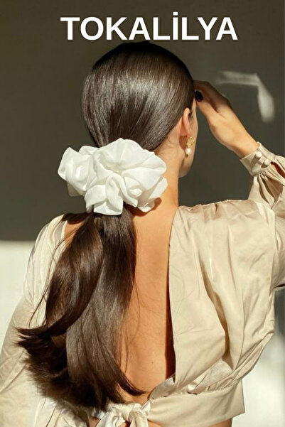 TOKALİLYA Kadın Lastikli beyaz saten Oversize Xxl [çapı 20cm] Scrunchie Simit...