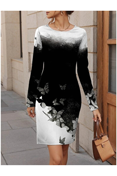 Genel Markalar Kadın Uzun Kollu Bisiklet Yaka çiçek Desenli Kısa şardonlu Dalgıç Elbise