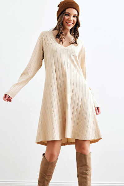 Ottawe Relaxed Fit Rahat v Yakalı Uzun Kollu Fitilli Günlük Diz Üstü Kısa Esn...