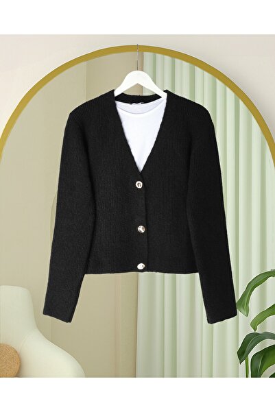 Modamorfo Soft Knit Cardigan with Buttons on the Front - Black