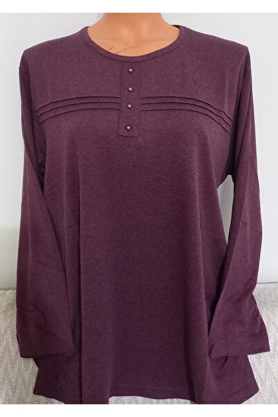 Anne Er Clothing Battal Winter Cotton Combed Cotton Blouse Long Sleeve Crew Neck Burgundy