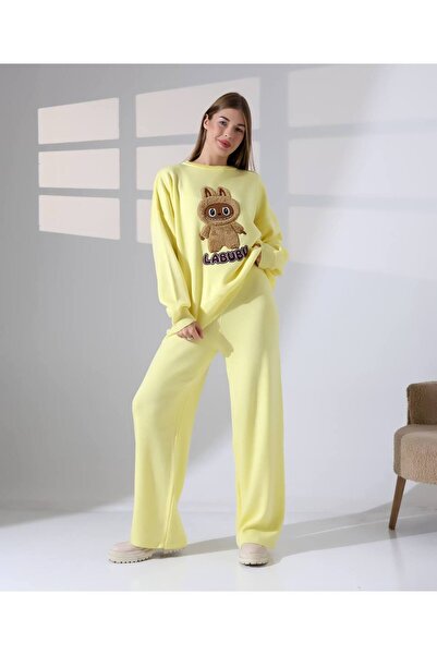 GİYSİ DÜNYASI 57 Tri̇ko Takim Tavşan Desenli̇ Kazak Pantalon 2 Li̇ Takim