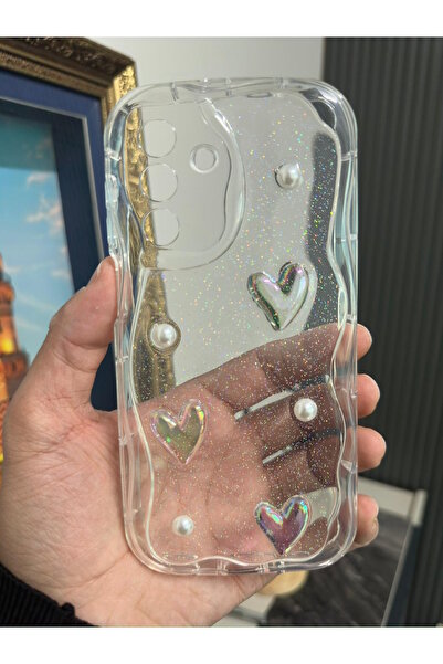 m.tk moveteck Samsung Galaxy A17 Kılıf 3D Kalpli İnci Tasarımlı Desenli Dalgalı Kenarlı Şeffaf Silikon Kapak