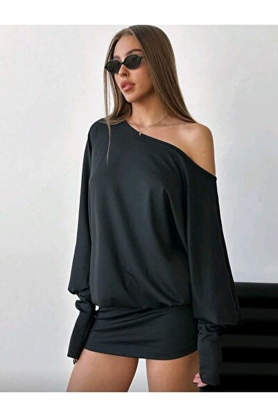 charango KADIN DÜŞÜK OMUZLU ASİMETRİK SALAŞ MİNİ ETEKLİ ELBİSE