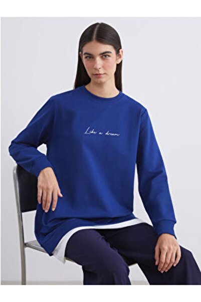 LC Waikiki Lcw Modest Navy Blue Crew Neck Printed Women's Sweatshirt Tunic