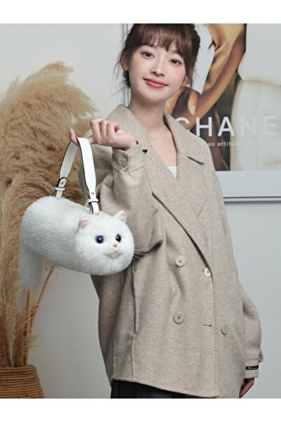 Bear&Dear Bear & Deer Plush Cat-Shaped Handbag – White - Bd-Cat006