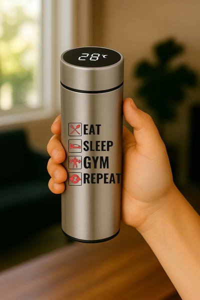 BSE Smart Thermos | Sporty “EAT SLEEP GYM REPEAT” Design 🏋️♂️🔥 | A gift for gym enthusiasts