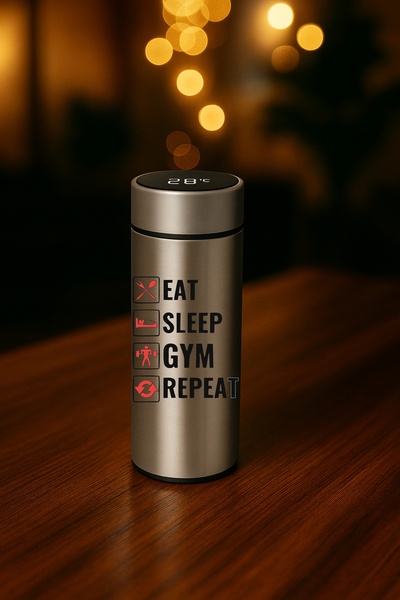 BSE Smart Thermos | Sporty “EAT SLEEP GYM REPEAT” Design 🏋️♂️🔥 | A gift for gym enthusiasts