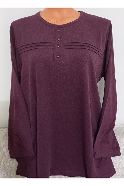 Anne Er Clothing Battal Winter Cotton Combed Cotton Blouse Long Sleeve Crew Neck Burgundy