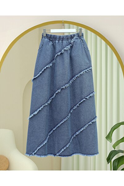 Modamorfo Tassel Detailed Elastic Waist Denim Skirt - Blue