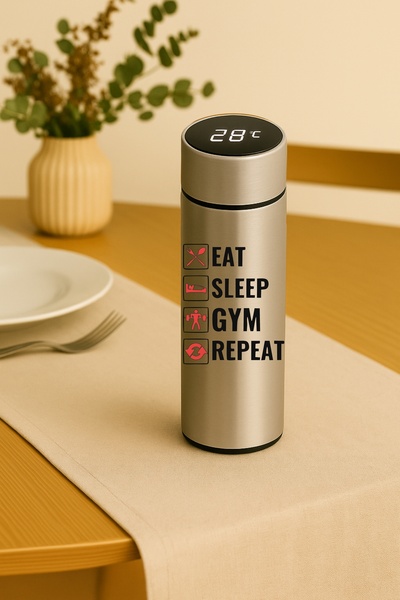 BSE Smart Thermos | Sporty “EAT SLEEP GYM REPEAT” Design 🏋️♂️🔥 | A gift for gym enthusiasts