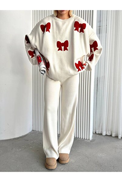 GİYSİ DÜNYASI 57 Knit Fabric Filok Pattern Detailed Sweater Pants 2-Piece Set