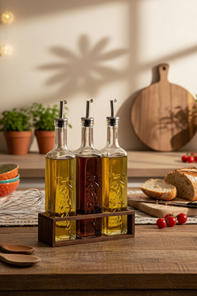 Snippy Olea - 3'lü Ahşap Uzun Katlı Standlı Cam Zeytinyağı Şişesi Yağdanlık Damlatmaz Yağlık Sirkelik 500ml
