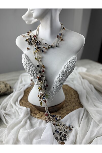 SEDEF TAKI Uzun taşlı boncuklu şal model kolye