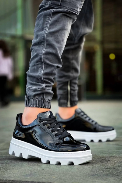 GökTR Kb-056 Kuback Black Patent Leather White High Sole Casual Sneakers