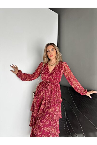 Zerrincan Giyim Bordo Eteği Katlı Maxi Elbise