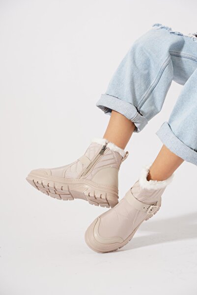 Moda Pie Kefsuh Yan Tokalı Paraşüt Kadın Bot Bej Cilt