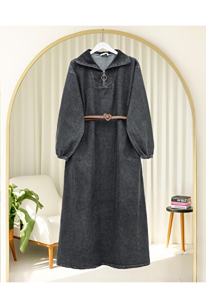 Modamorfo Τζιν φόρεμα με μισό λαιμό και τσέπη με φερμουάρ - Καπνιστό