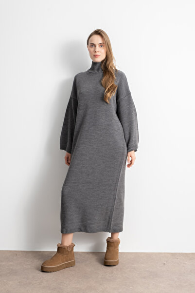 Shophia Women's High Neck Oversize Knit Dress – Gray
