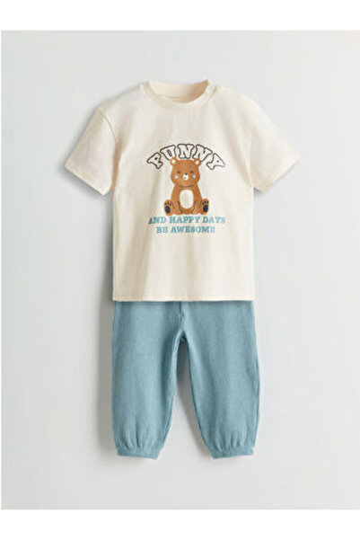 LC Waikiki Beige Crew Neck Baby Boy T-Shirt and Sweatpants