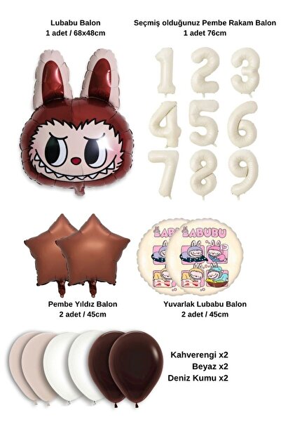 PARTİAVM Labubu Baby Abubu Brown Balloon Set – Helium Compatible, Star & Round Foil 4 Year Old Cream Number