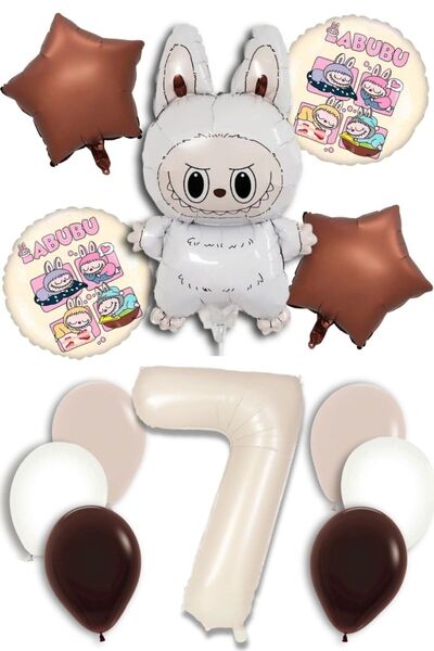 PARTİAVM Yaş Labubu Balloon Abubu Baby Birthday Set Cream Number Flying Ballo...