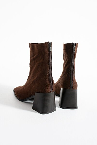 MissPapatya LÉON Kadın Acı Kahve Süet Küt Burun Kalın Topuklu Fermuarlı Bot Bootie